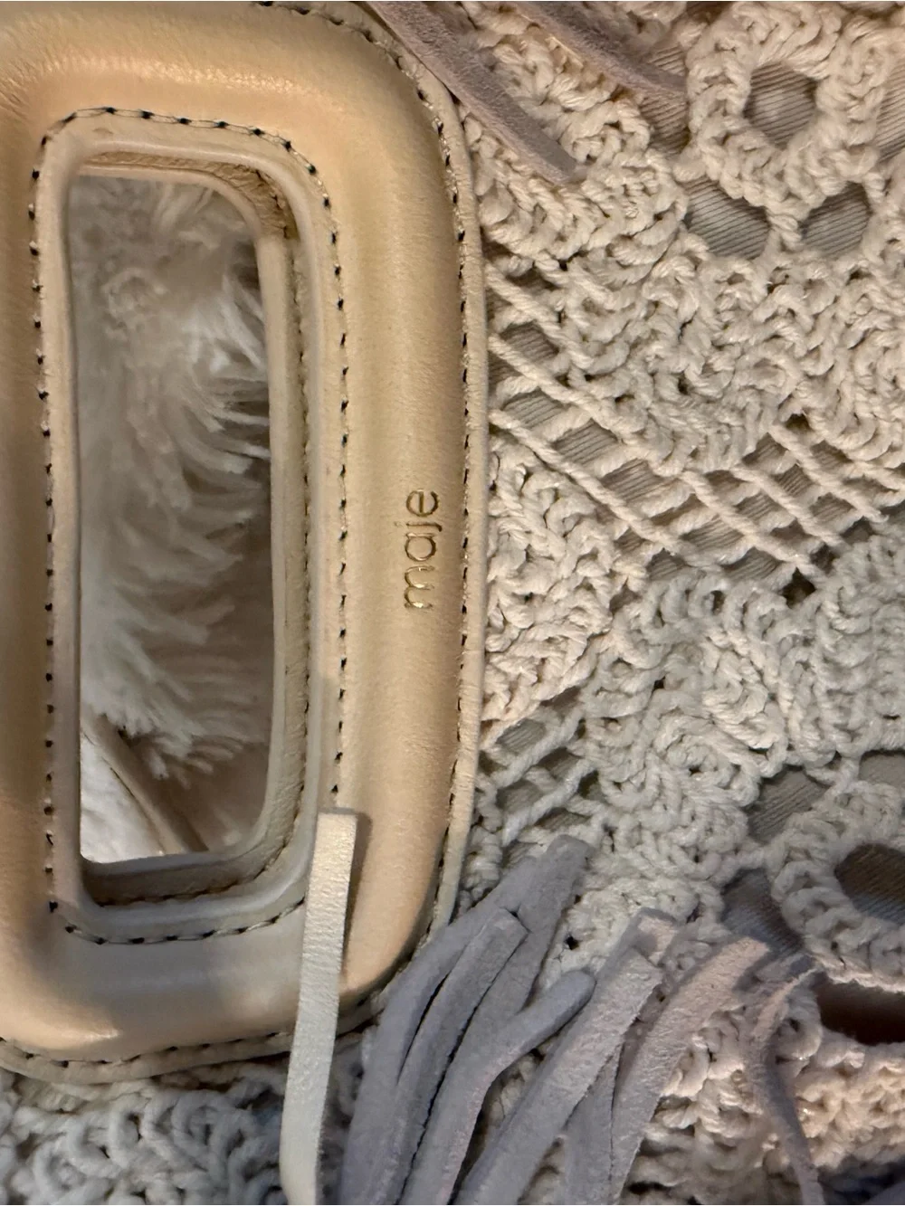 Maje Crochet-Knit Crossbody Bag in Cream with Fringe